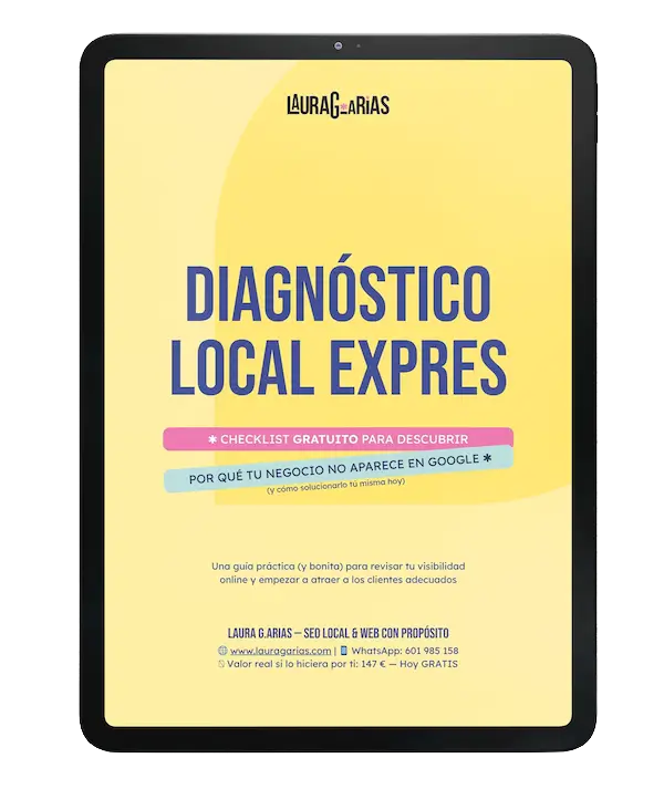 Tableta con anuncio de Diagnóstico Local Exprés de Laura G. Arias para SEO local gratuito.