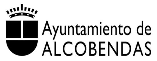 Logotipo del Ayuntamiento de Alcobendas con un escudo en blanco y negro con una corona en la parte superior y el nombre escrito en letras mayúsculas y minúsculas en negrita.