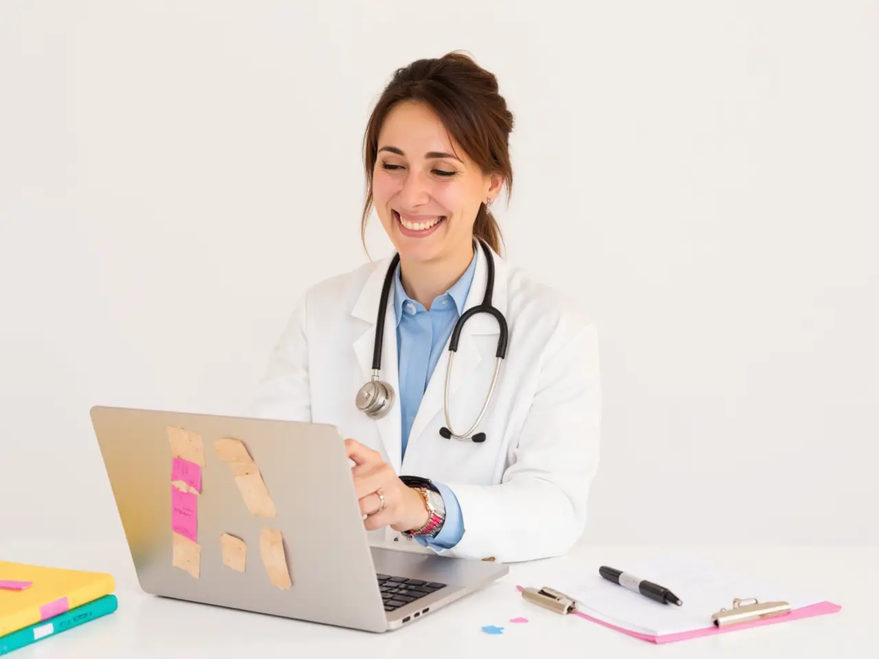 Mantenimiento web mensual para médicos. Profesional con portátil, bata blanca y escritorio con útiles