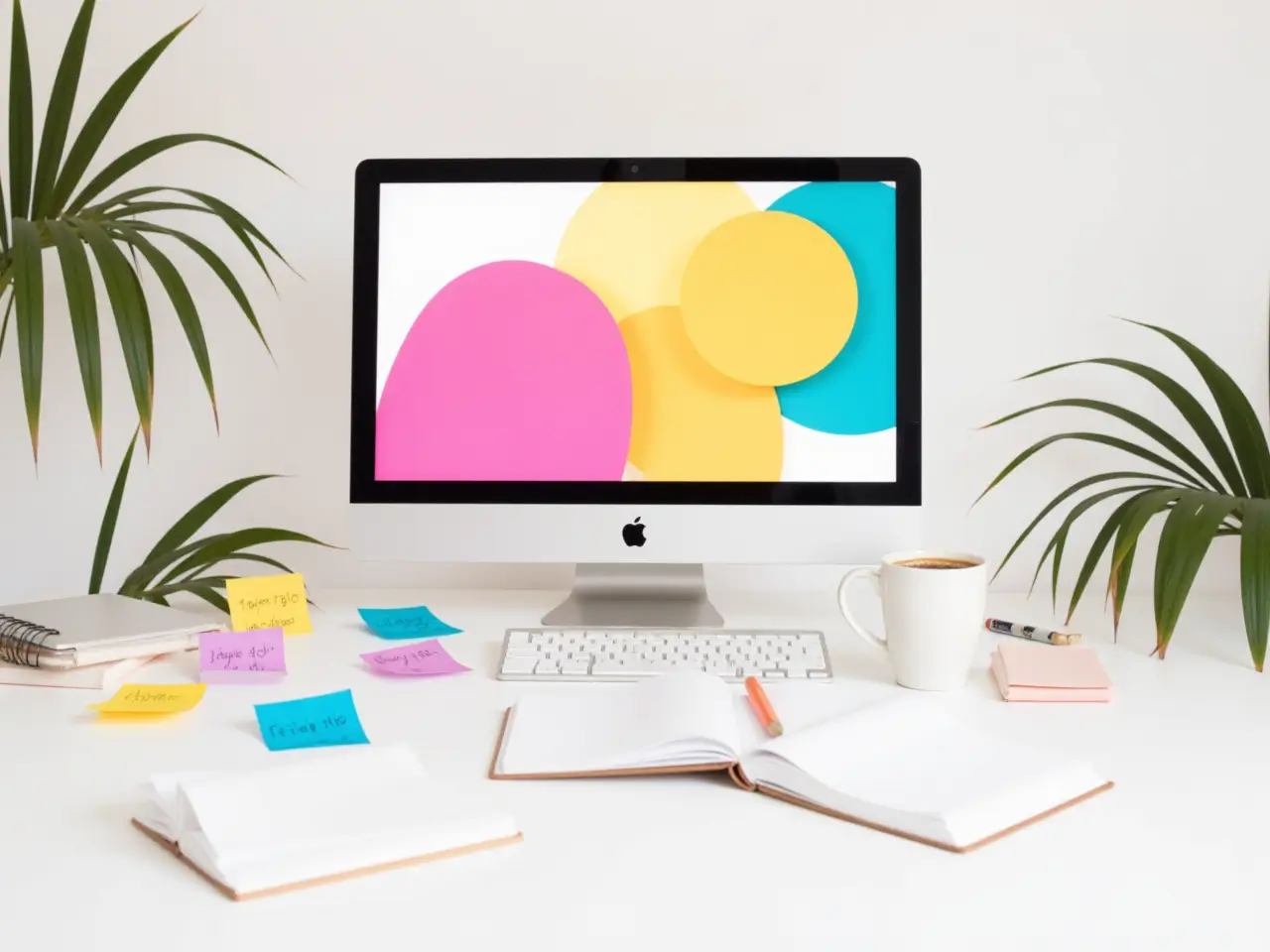 Escritorio con iMac, café y cuaderno de proyectos Laura G.Arias, rodeado de plantas y luz natural