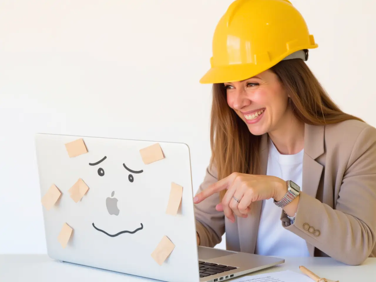 Mantenimiento web puesta a punto. Mujer con casco señala portátil con vendas y cara preocupada dibujada