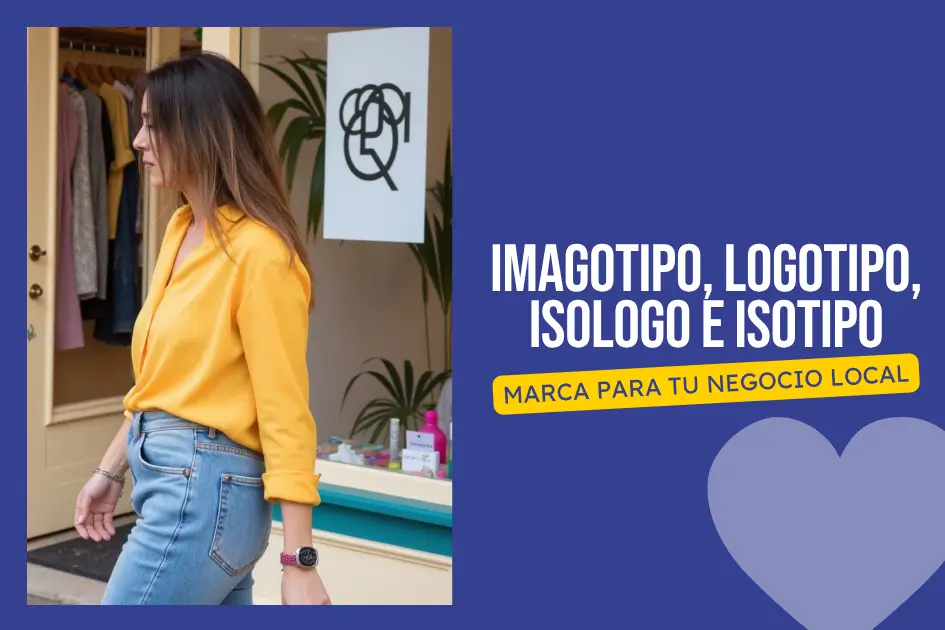 Mujer con camisa amarilla junto a tienda, tipos de logotipo para negocios locales | Laura G.Arias